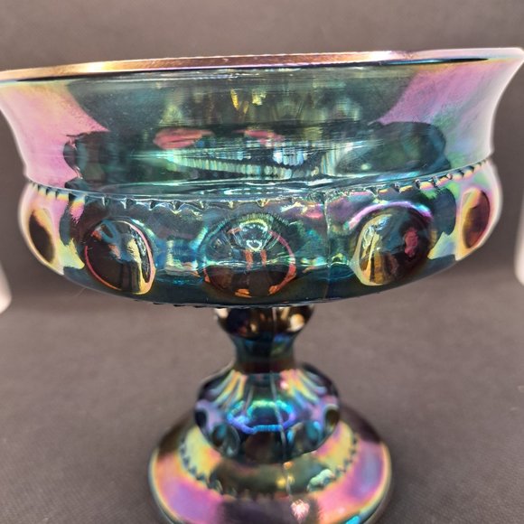 Vintage Carnival Glass Kings Crown Thumbprint Blue Iridescent Indiana Compote - Picture 6 of 11